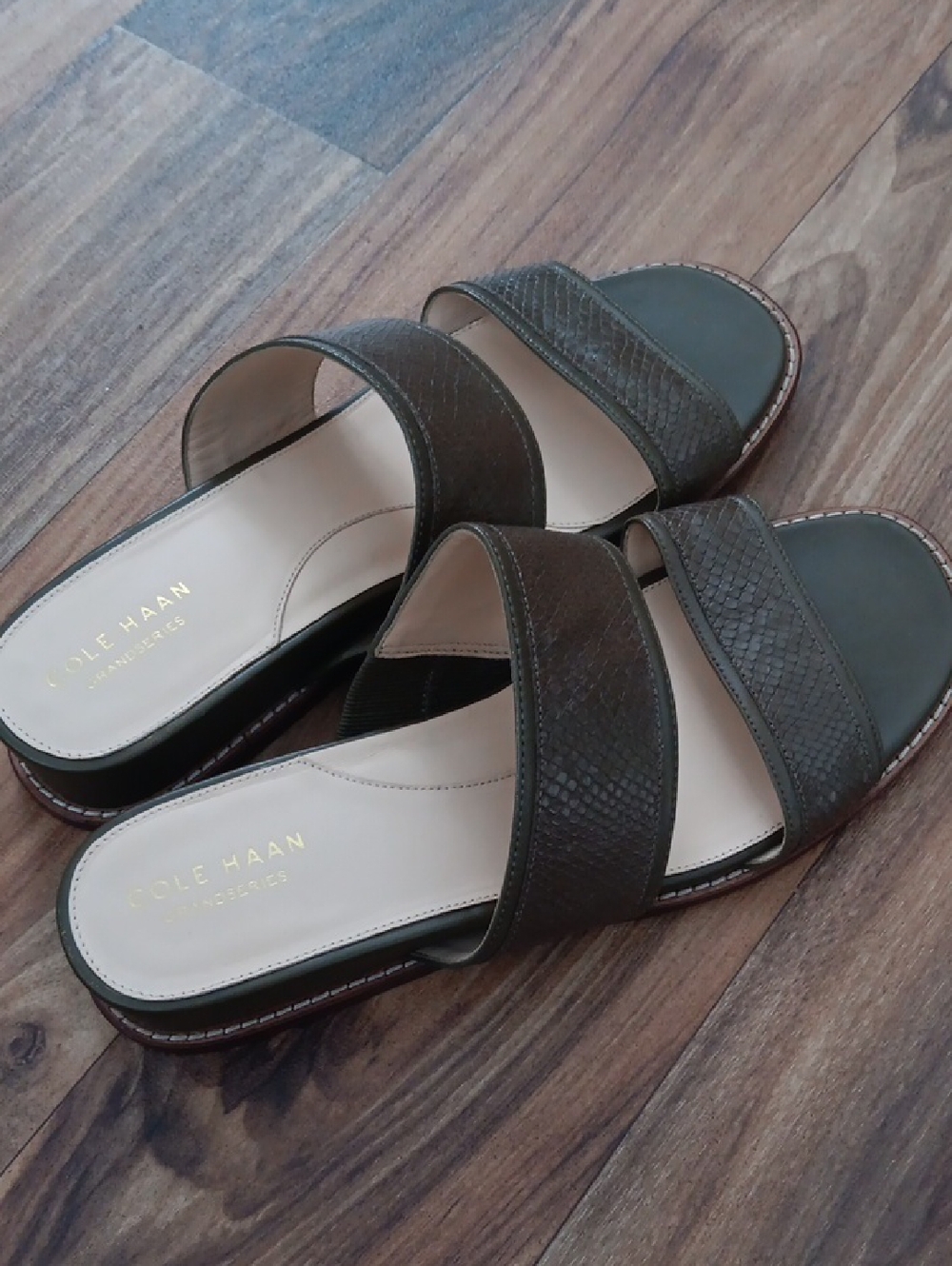 Cole Haan Olive Green  Embossed Leather Double-Strap Slide Sandals - Picture 3 of 5